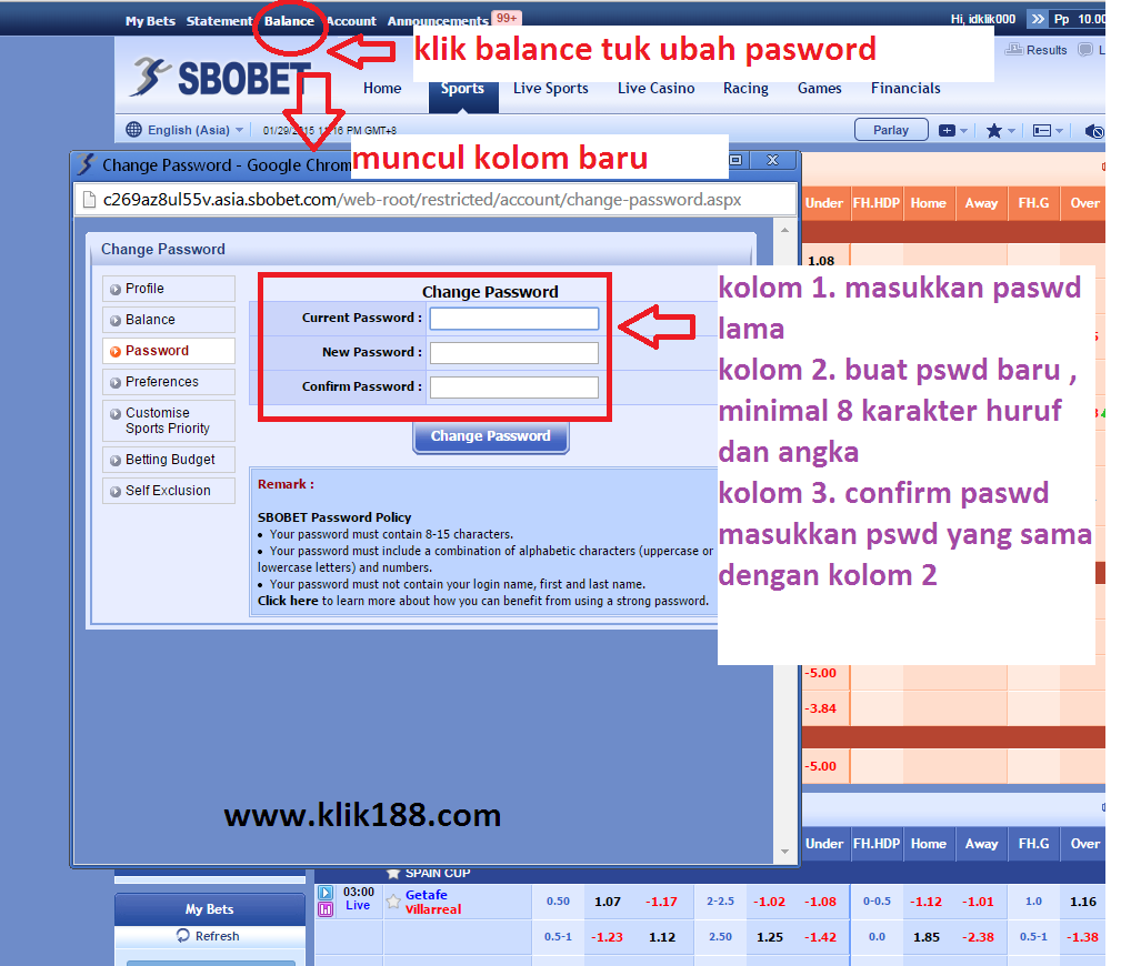 cara ganti password sbobet